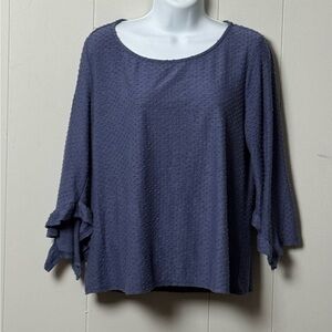 W5 Women’s Deep Blue Scoop Neck Textured Blouse with Flowy Ruffle Cuffs Size L